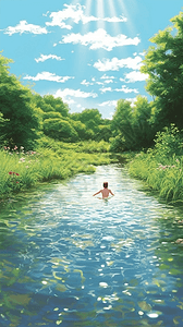 湖边游泳的男孩图片