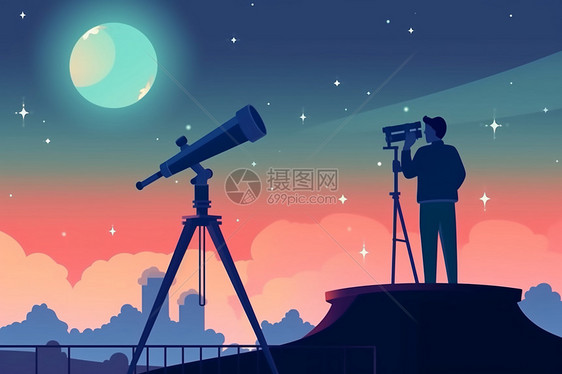用望远镜研究天文学的学生图片