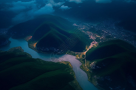 夜晚的山脉与河流图片