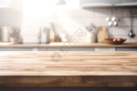 木制台面后的厨房背景背景图片