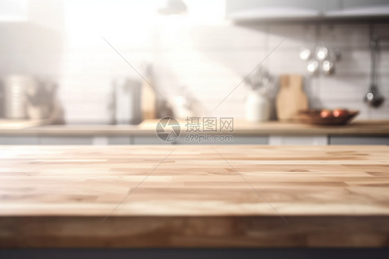 木制台面后的厨房背景图片