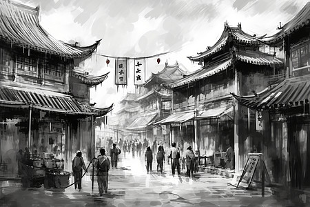 中国传统街道水墨画背景图片