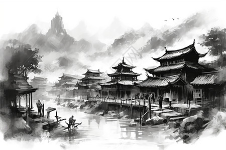 山中小屋中国山中村庄插画