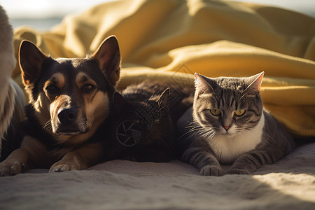 猫和狗在户外沙滩上背景图片