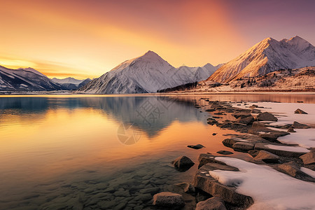 美丽的雪山和湖面图片