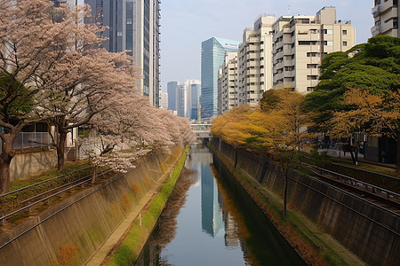 城市的建筑和河流图片