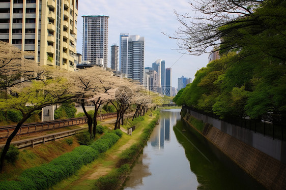 住宅中心的河流和建筑图片