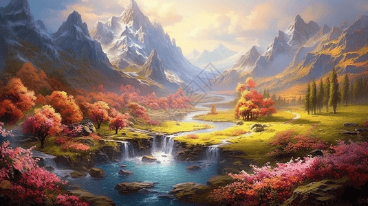 冰山瀑布梦幻的山水美景插画