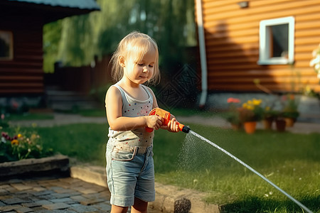 院子里浇水的女孩图片