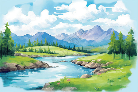 水彩湖风景背景图片