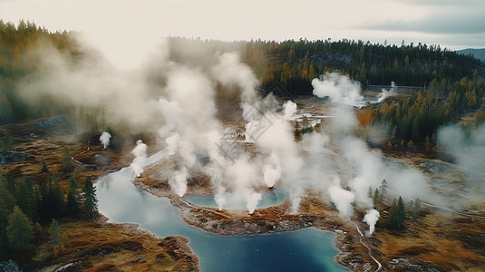 能源发地热湖的蒸汽源发背景