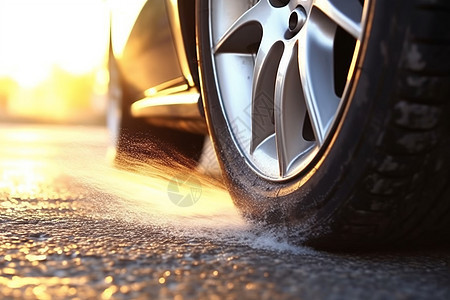 阳光照射冲洗的汽车车胎图片