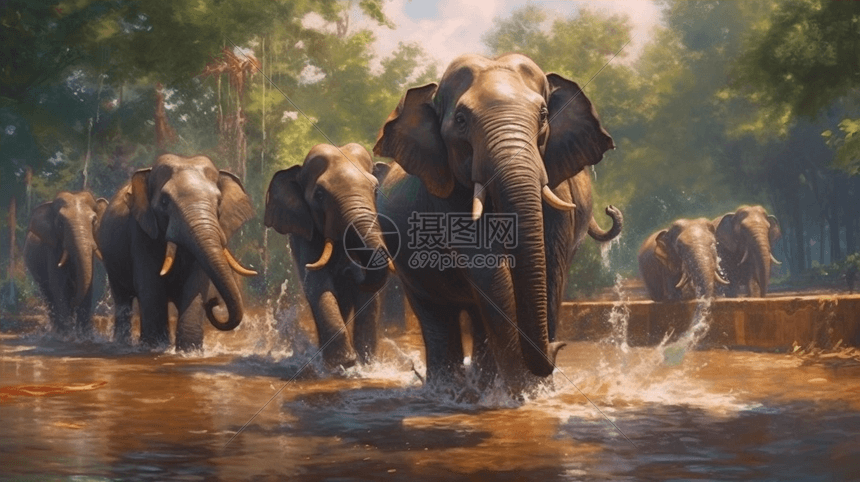喷水的大象图片