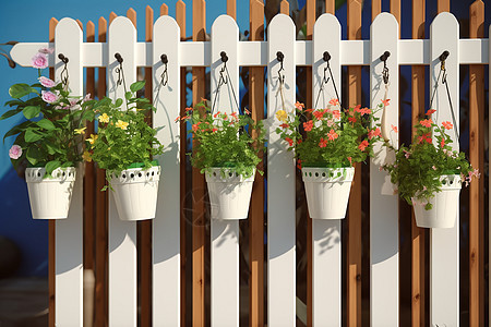 乡村院落中的悬挂式花盆背景图片