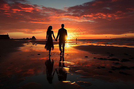 一对夫妇在落日映衬下的背影背景图片
