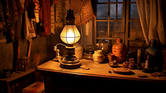 农村房屋农村桌子上的煤油灯设计图片