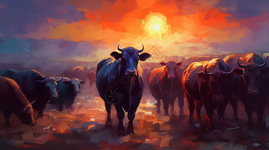 日落下的牛群背景图片