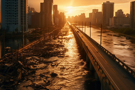 洪水冲毁城市交通背景图片