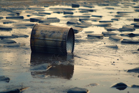 石油金属锡桶漂浮在油腻水上背景