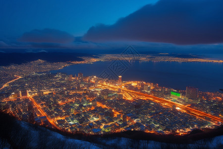 灯火通明的港口城市背景图片