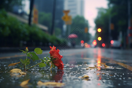 落在雨中城市街道上的花图片
