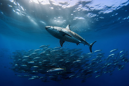 海底的沙丁鱼群和鲨鱼背景图片
