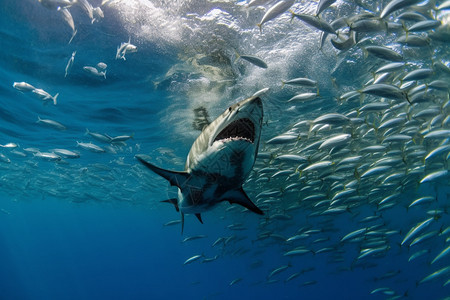 在鱼群中觅食的鲨鱼图片