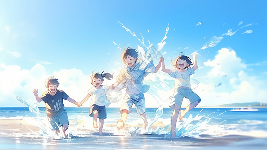 夏日一家人在海边度假高清图片