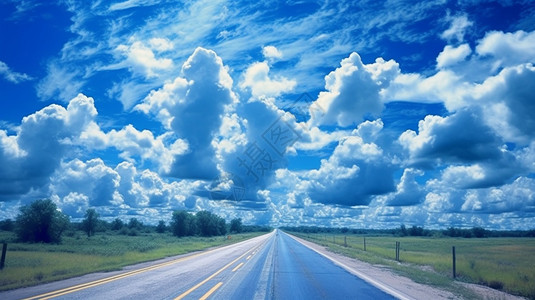 蓝天白云的无人公路图片