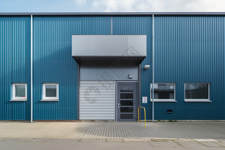蓝色工业仓库的建筑背景
