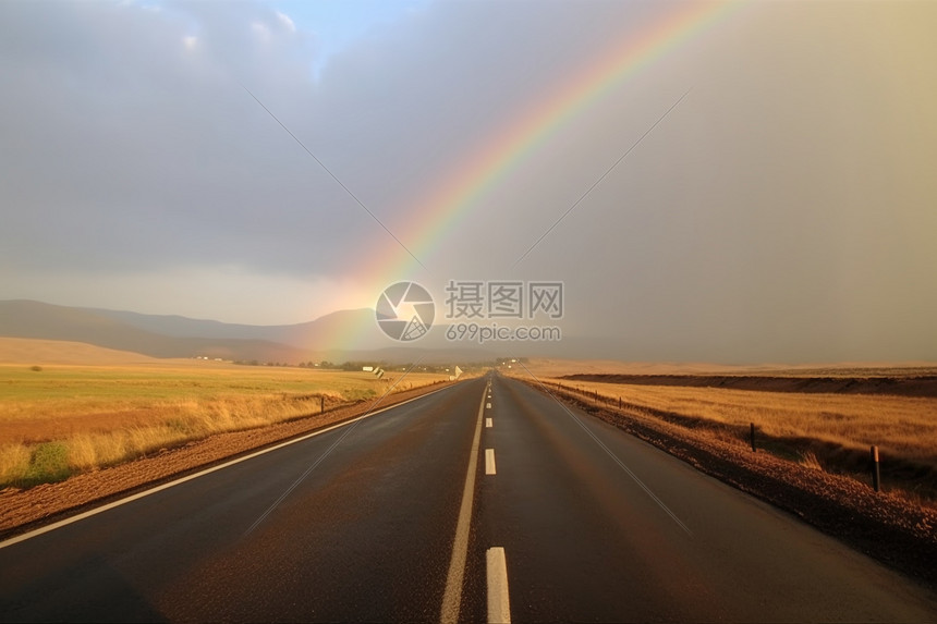 马路尽头的彩虹图片