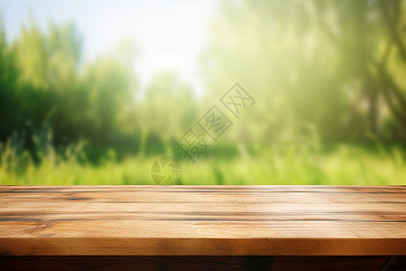 空木桌和绿色草地图片