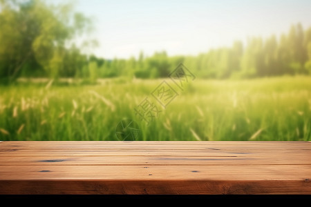 空木桌和绿色草地图片