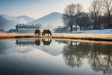 远山湖泊草地图片