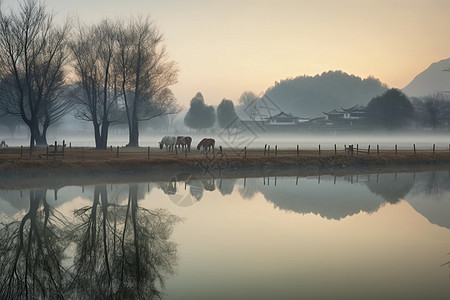 乡村湖泊草地马匹图片