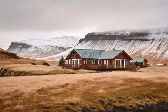 雪山下的小屋图片