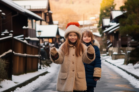 雪后道路上的二个美丽女孩图片