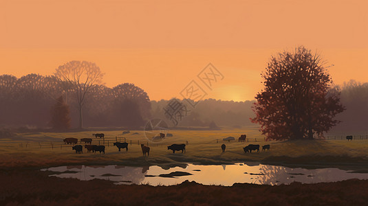 日落时的牧场图片