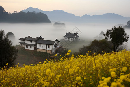 云雾缭绕的山脉云雾缭绕的村庄景色设计图片