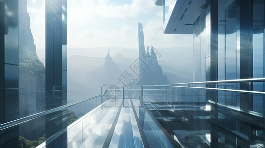 大厦玻璃窗科幻的空中栈道设计图片