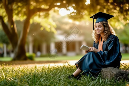 毕业生坐在草地上图片