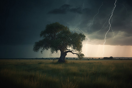 一棵闪电独立的树在远处的暴风雨中屹立不倒，附近有。(风景，暴风雨，逼真的照明)，4k背景图片