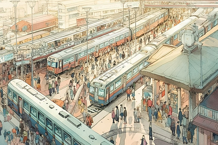 火车站水彩插图图片