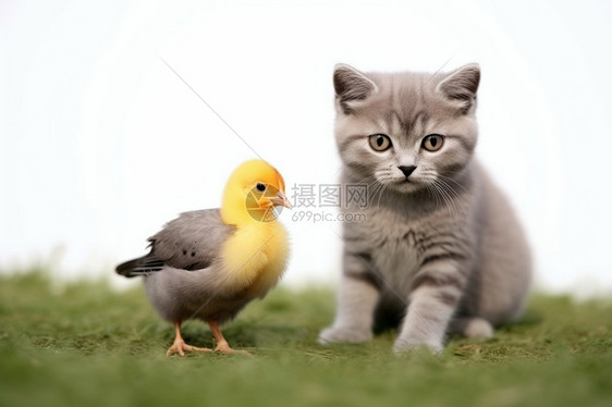 草地上的小猫幼崽和小鸭子图片