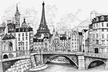 观光城市建筑的手绘插图图片