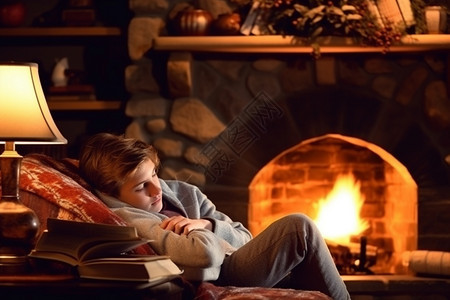 壁炉旁睡觉的男孩图片