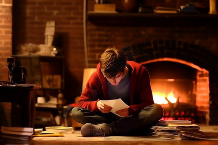 学生在壁炉旁读书图片