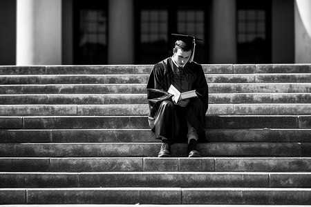 坐在图书馆门前的毕业生背景图片
