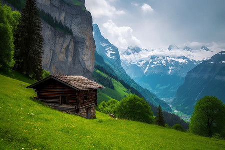 阿尔卑斯山山坡上的小屋图片