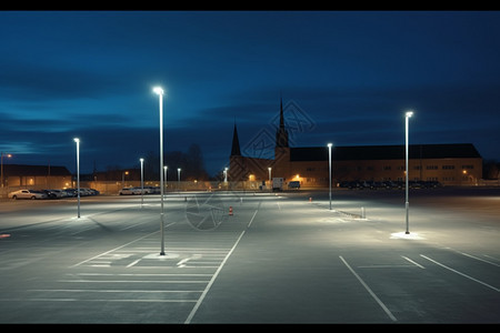 路灯照明的空停车场图片